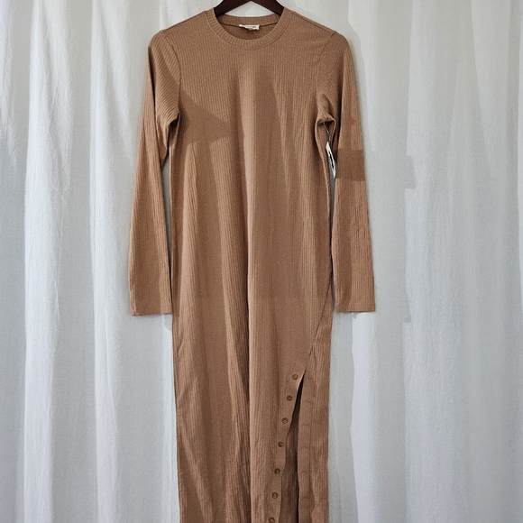 Open Edit Long Sleeve Crew Neck Ribbed Maxi Dress in Tan/Orange Women’s Size M - Picture 6 of 11
